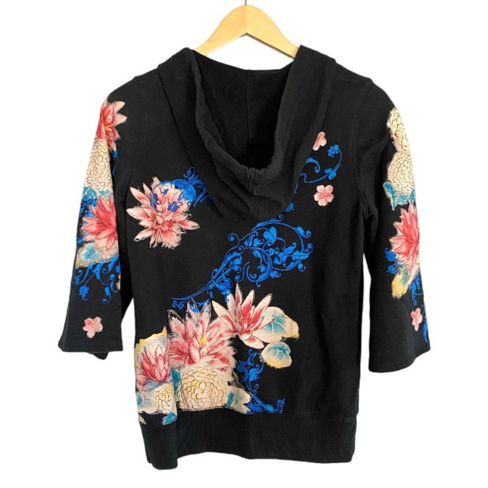Vintage 90 Y2K Black Lucky Brand Hoodie Sweatshirt Tattoo style floral graphics